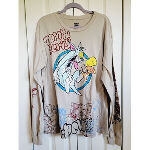 Tom & Jerry 2X Graphic‎ Shirt Adult Khaki Long Sleeve Graffiti Print Stretch LS